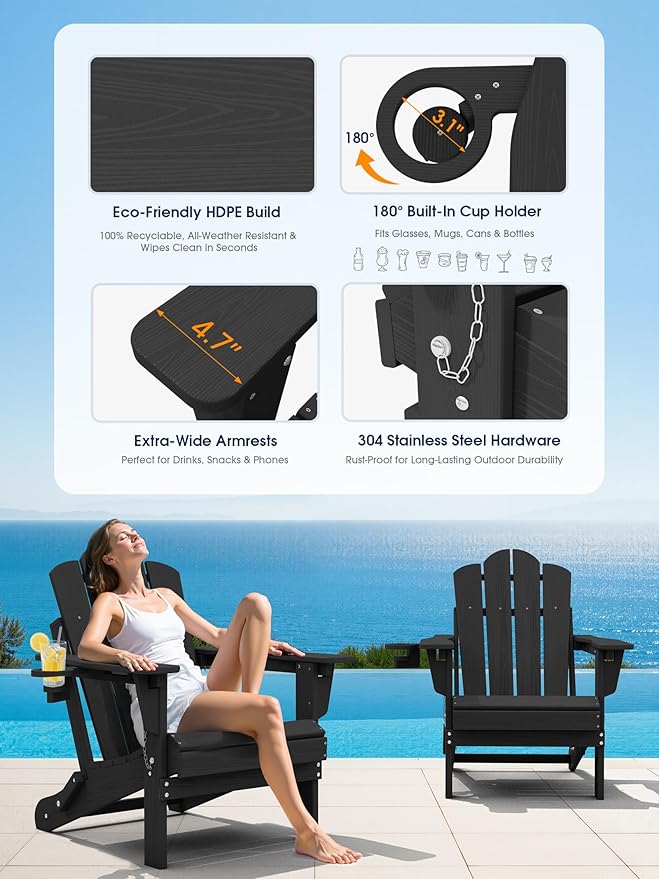KINGYES Adjustable Folding Adirondack Chair, 3-Position Reclining Adirondack Chairs with Cup Holder, HDPE All-Weather Oversized Adirondack for Outdoor, Patio, Backyard Deck, Fire Pit, Black