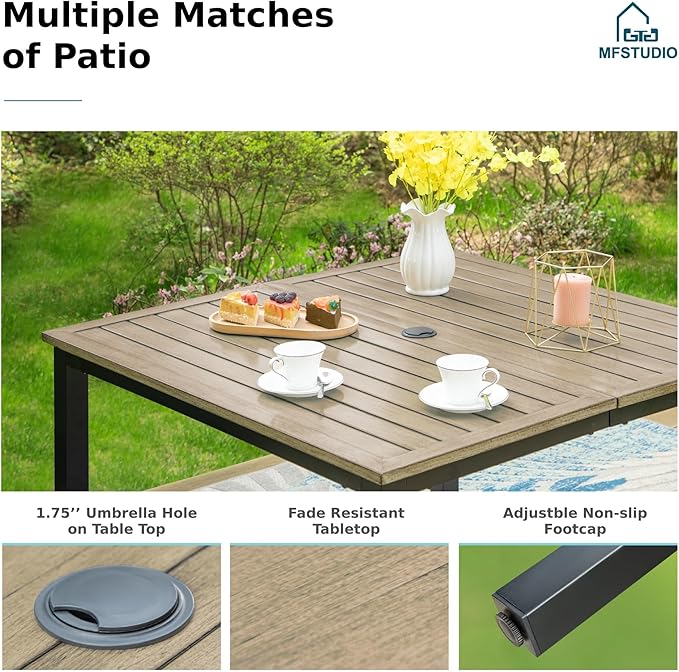 MFSTUDIO Patio Table and Chairs Set of 4, Outdoor Dining Set with Square Table and Swivel Chairs, 5 Piece Patio Dining Set for Deck/Backyard/Poolside/Garden