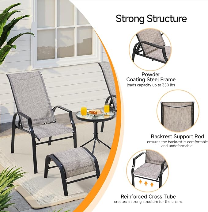 5 Pieces Patio Bistro Set with 2 Patio Chairs and 2 Ottomans, Outdoor Furniture Set with with a Table and Chairs for Poolside, Balcony, Porch, Lawn, Deck, Garden