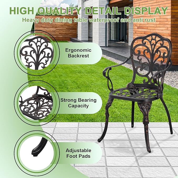 Bistro Set 3 Piece Outdoor,Cast Aluminum Outdoor Bistro Set,All Weather Bistro Table and Chairs Set of 2 with 1.97" Umbrella Hole,Patio Bistro Sets for Backyard, Balcony,Front Porch(Brown)