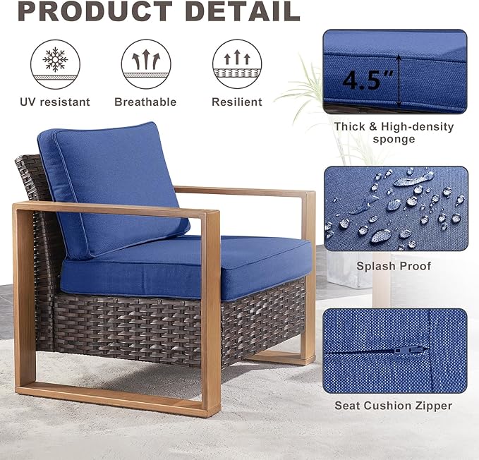 Rilyson Wicker Outdoor Patio Chairs Set of 2, Rattan Patio Furniture Chairs with Sturdy Frame,All-Weather PE Wicker,Wide Armrest,Deep Seating and Thick Cushions for Deck Porch Garden(Brown/Blue)