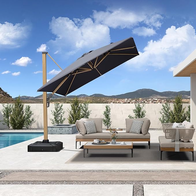 PURPLE LEAF 9FT Patio Umbrella Square Cantilever Umbrella Teak Finished Aluminum Frame Large Windproof Offset Outdoor Sun Umbrellas for Beach Pool Deck, Grey