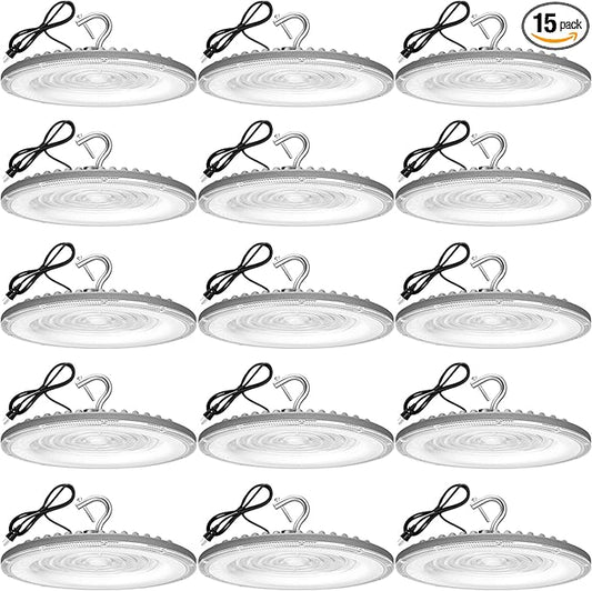15 Pack 150W UFO Led High Bay Light,120VAC,21050LM 5000K Daylight Area Lighting,IP66 Waterproof 650W MH/HPS with Plug Commercial Bay Lighting for Warehouse/Shop/Workshop/Barn/Gym/Factory