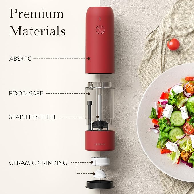 Ultrean Electric Pepper Grinder, Rechargeable Salt and Pepper Shakers with 6 Adjustable Coarseness, Automatic Grinder for Kitchen, LED Light, Red Christmas Gifts, Crimson Red