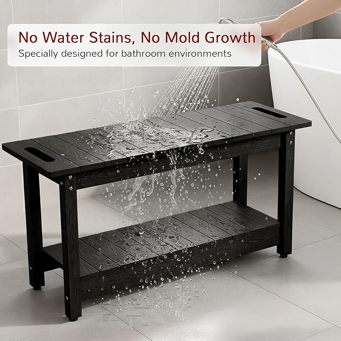 Stoog 35.5" Large Shower Bench, Waterproof Shower Stool with Storage Shelf and Handles, Adjustable and Non-Slip Feet, Shower Chair for Inside Shower, Black
