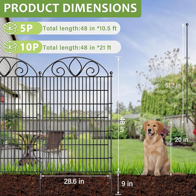 8 Panels No Dig Tall Garden Fence with Gate – 48" H X 21' L Rustproof Metal Dog Fence Outdoor for Yard, Decorative Animal Barrier Fence for Pet, Garden Border, Patio, Flower | Temporary Fencing