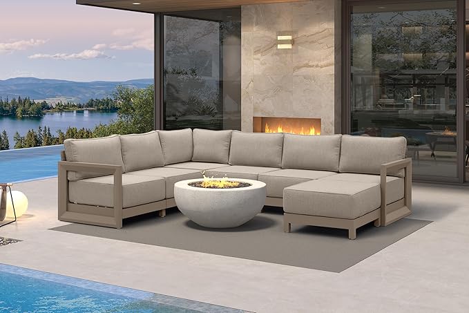 PURPLE LEAF Patio Furniture Set U-Shaped Outdoor Couch with 9.6" Thick Cushion and Soft Pillows 7 Piece Outdoor Sectional Sofas with Ottoman Modern Patio Conversation Sets for Yard Porch Deck, Khaki