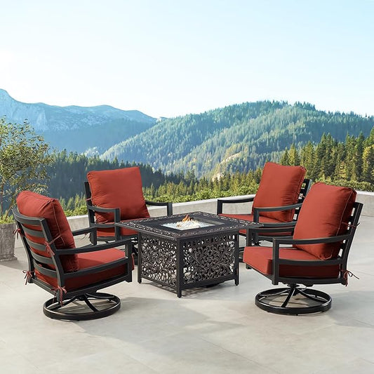 Oakland Living Black Aluminum Patio Fire Table Set with Four Club Chairs with Red Cushions