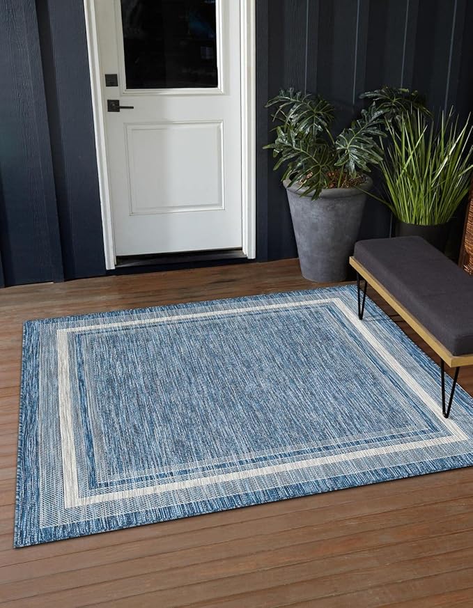 Unique Loom Outdoor Border Collection Area Rug - Soft Border (13' Square, Blue/ Ivory)