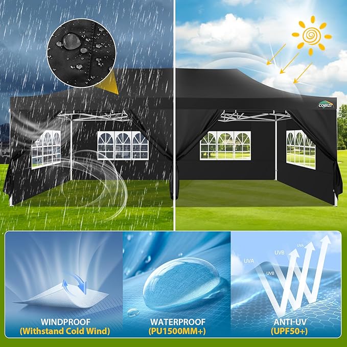 COBIZI 13x26 Heavy Duty Pop Up Canopy with 6 Sidewalls Party Tent Outdoor Wedding Large Event Tent with Roller Bag for Garden Lawn Waterproof UPF 50+ Ez Up, Black (Framework Upgraded)