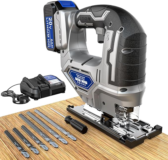 Jigsaw Compatible With Dewalt 20v Max Battery, Cordless jig saw Brushless Motor, 0°- 45° Bevel Cuts, LED Light with 3 Position Orbital Setting (With 5Ah Battery & Charger Station Kit)