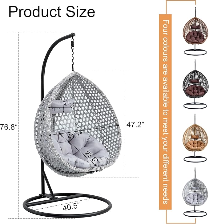 Egg Swing Chair Outdoor with Stand, Hanging Egg Rattan Basket Chair with Cushion and Pillow, Lounge Chairs, Foldable Basket and Metal Stand for Porch, Patio, Bedroom, Balcony,Yard (Grey)