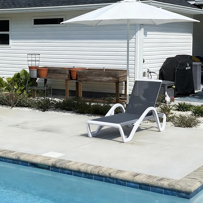 PURPLE LEAF Patio Chaise Lounge Chair Outdoor Plastic Textilene Sun Bathing Recliner Tanning Pool Lounger with 6 Adjustable Position for Outside Beach in-Pool Lawn Poolside, Gray