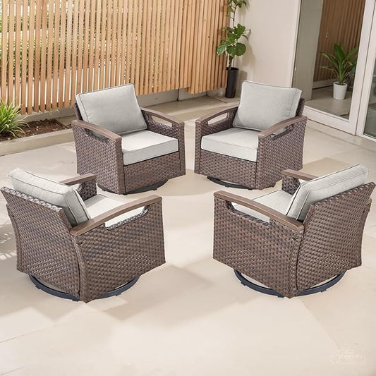 Rilyson 4 Piece Outdoor Patio Swivel Rocking Chairs, All Weather Wicker, Metal Armrest, Deep Seating, Thick Comfortable Cushions, Ideal for Deck Porch Backyard, Brown/Beige