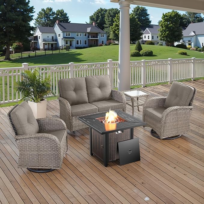 Belord 5 Pieces Outdoor Patio Furniture Set with 50000 BTU Propane Fire Pit Table, Deep Seating Wicker Swivel Rocker Chairs and Loveseat Glider Patio Conversation Set for Deck Poolside Backyard