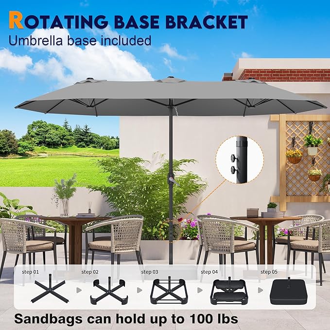 15ft Patio Umbrella with Base,Large Outdoor Double-Sided Rectangle Umbrella with Crank Handle, Market Umbrella for Poolside Garden Deck Backyard Beach Pools, Gray