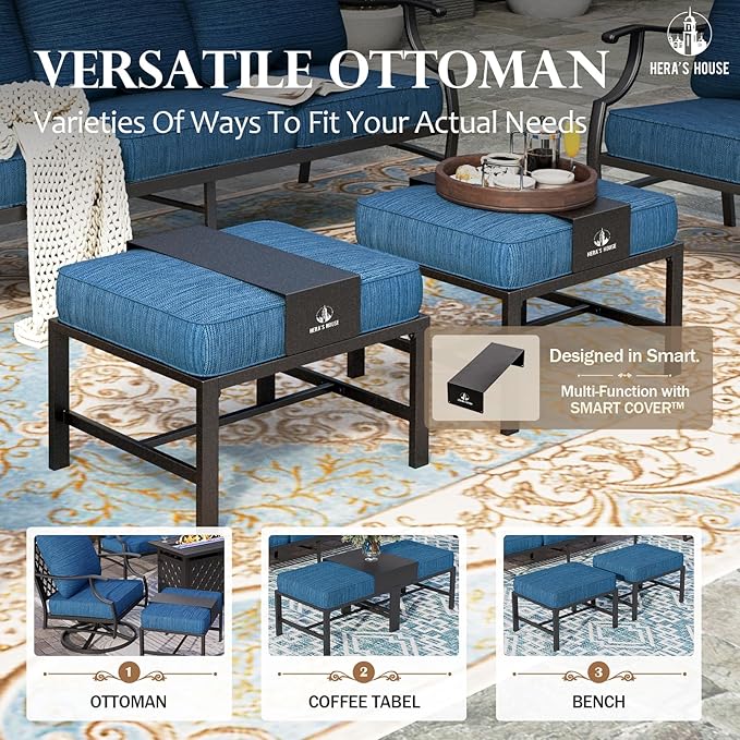 HERA'S HOUSE 6 Piece Patio Furniture Set, 2 x Rocking Cushioned Chair, 2 x Cushioned Ottoman, 1 x 3-Seat Sofa with Marbling Coffee Table, Outdoor Conversation Set for Lawn Backyard, Pacific Blue