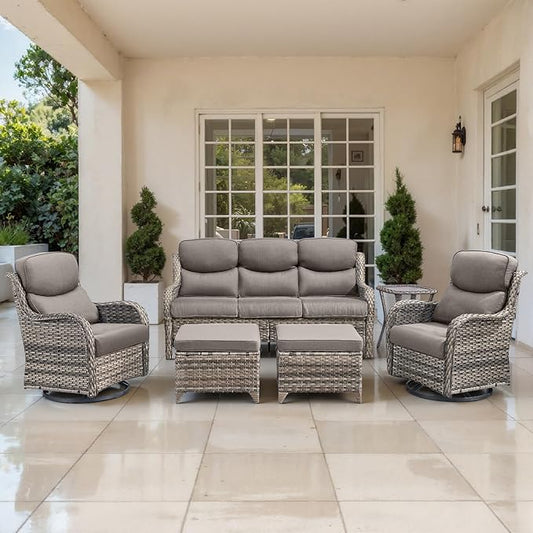 Outdoor Swivel Rocker Patio Chairs Set of 6-5" Thick Cushion 6 Piece Furniture Set with Fire Pit Table All Weather Wicker Conversation Set for Porch Deck - Gery Wicker | Gery Cushions
