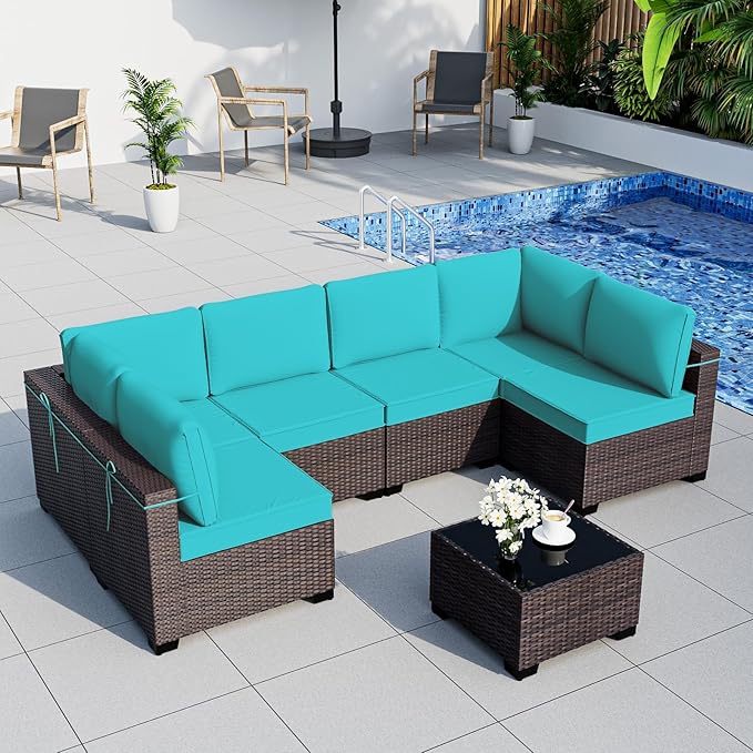 ALAULM Patio Furniture Set with Coffee Table, 7 Pieces Outdoor Sectional with Wide Seat and Thick Cushion, All Weather Wicker Rattan Conversation Set for Backyard, Garden, Deck, Turquoise