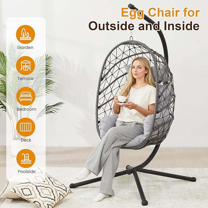 Hanging Egg Chair, Swing Chair with Stand, Hammock Chair Indoor, Patio Boho Wicker 350lbs Capacity, Swing Chair for Bedroom Garden, Balcony, Black & Gray