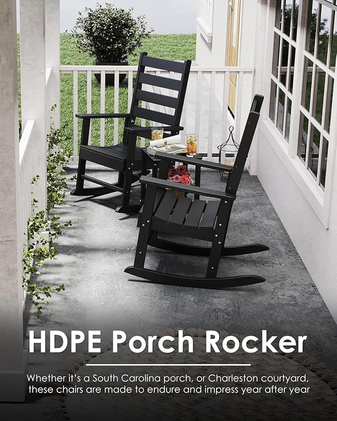 GREENVINES Outdoor-Rocking-Chairs-Set-of-2 | HDPE Plastic | Patio Rockers | Porch Rocker Chair | Shaker | Oversized | High Ladder Back | Big & Tall | PentaLuxe | Black