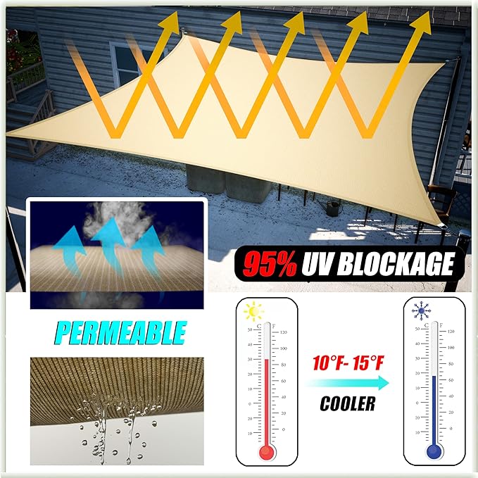 Amgo Custom Size 16' x 17' Sand Beige Rectangle Square Sun Shade Sail UPF50+ AGTAPR1620, Order to Make Canopy Awning, 95% UV Blockage, Water & Air Permeable, Commercial and Residential (We Customize)