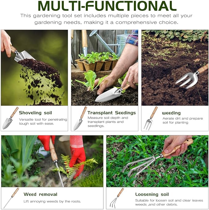 Kisangel Stainless Steel Gardening Tool Set with Ergonomic Ash Handles Multi-Functional Trowel Kit for Digging Planting and Pruning Rust-Resistant Garden Supplies Gift for Women and Adults