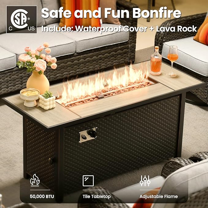 ovios 9 Pieces Patio Furniture Set, Outdoor Wicker Sofa Couch with Rocking Swivel Chairs Fire Pit Table, Modern Deep Seat Rattan Conversation Sets for Porch Deck, Grey