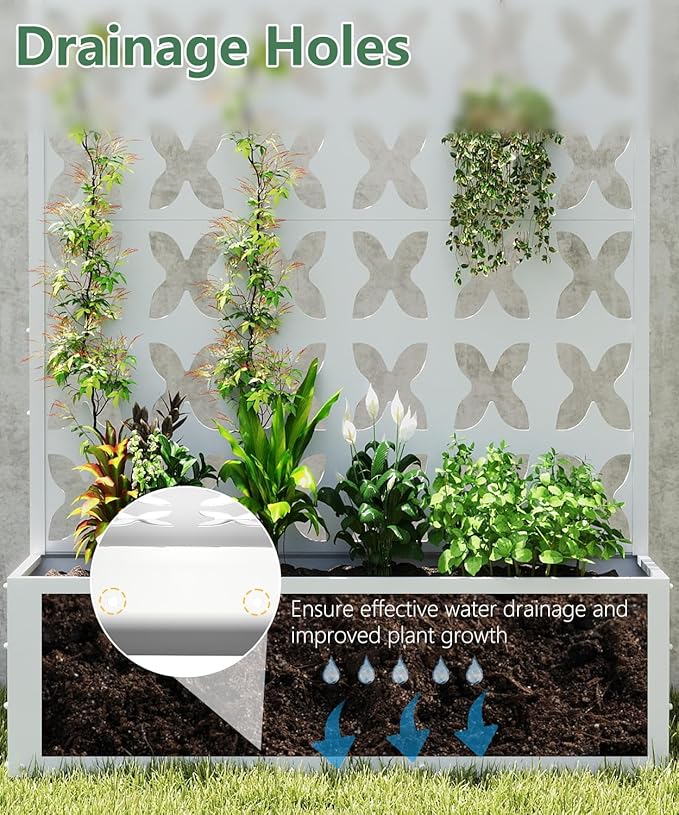 Metal Planter Box with Trellis,70.9"x47.2"x15.7" Raised Garden Bed with Drainage Holes, Privacy Planters for Outdoor Garden Bed for Climbing Plants,Vegetables,and Vines, White-X