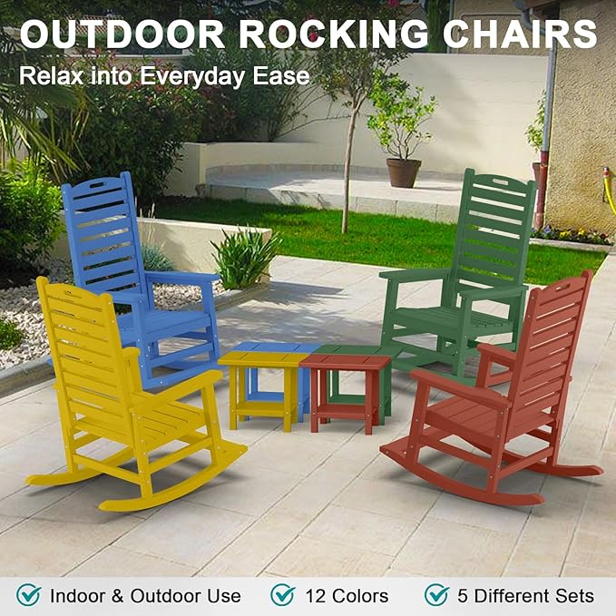 Outdoor Rocking Chair Set of 6 with Removable Footboard for Adults, HDPE High Back Patio Rocking Chairs, 330lbs All Weather Porch Rocking Chairs for Outdoor & Indoor -Yellow