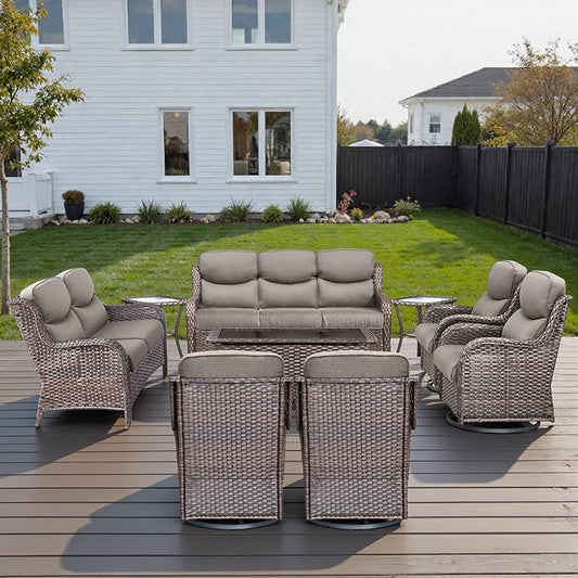 Outdoor Swivel Rocker Patio Chairs Set of 9 with 5" Thick Cushions ,9 Piece Furniture Set with Fire Pit Table All Weather Wicker Conversation Set for Porch Deck - Brown Wicker | Grey Cushions