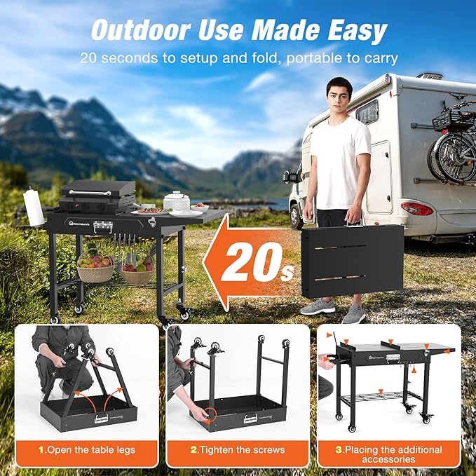 WARMOUNTS Foldable Grill Cart Outdoor with Wheels, Portable Outdoor Grill Table with Storage, Movable Stand Fits 17''/22'' Tabletop Grill, 400 Lbs Weight, for Camping, BBQ