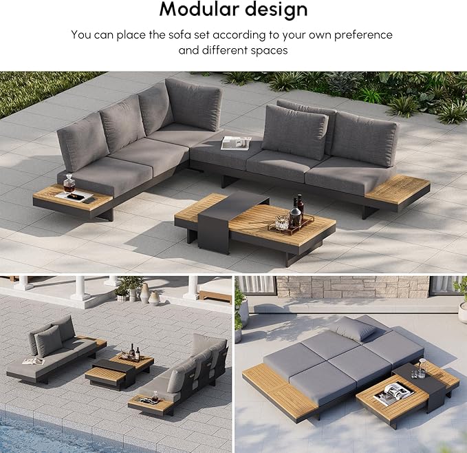 homary Outdoor Patio Conversation Sets, 6 Piece Aluminum & Teak Patio Sectional Sofa Set Outdoor Furniture with Adjustable Backrests, Waterproof, Fade Resistant Cushions Ideal for Patios & Balconies