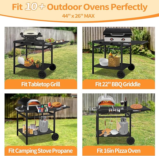 PIZZELLO Outdoor Grill Table 44" x 26" Movable Pizza Oven Stand Foldable Double-Shelf Grill Cart Fit for 12/16inch Oven Ooni Ninja Woodfire Blackstone