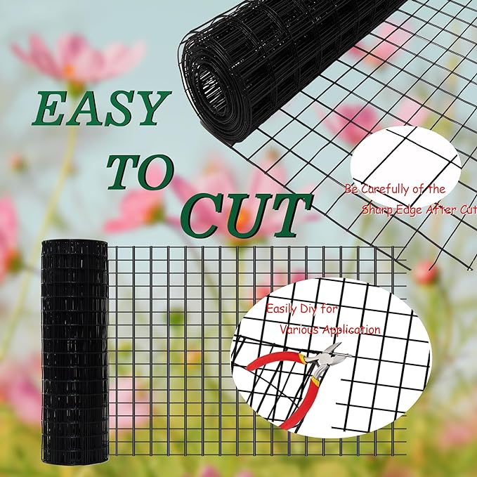 Black Metal Garden Fence, 48inch(H) x 100ft(L), 2 inch x 3 inch,14GA 2/3/4/5/6 Ft Tall Chicken Wire PVC Coated Welded Wire Mesh Roll for Dogs Border Yard Vegetable Plant Protection Poultry Netting