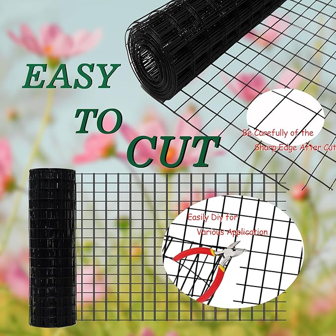 Black Metal Garden Fence, 60inch(H) x 100ft(L), 2 inch x 4 inch,12.5GA 2/3/4/5/6 Ft Tall Chicken Wire PVC Coated Welded Wire Mesh Roll for Dogs Border Yard Vegetable Plant Protection Poultry Netting