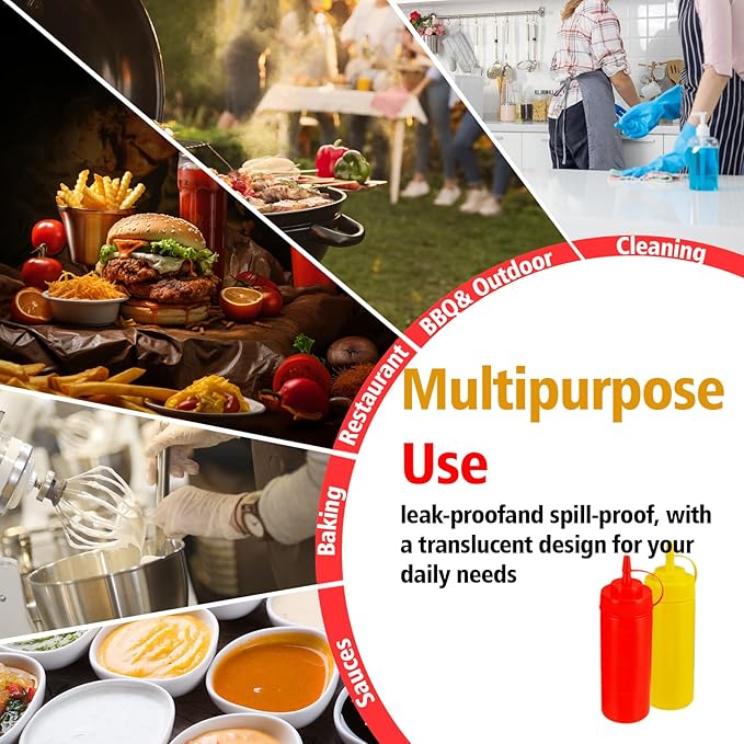 32oz Leak-Proof Sauce Squeeze Bottles- BPA-Free Kitchen & Restaurant Dispensers w/Wide Mouth for Ketchup, Mustard, Syrup, Oil, Dressings Dishwasher Safe (White+Yellow+Red, 32oz-6pack)