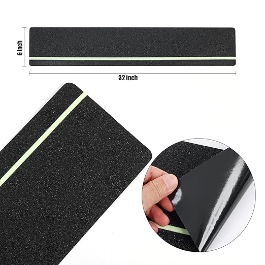 Outdoor Non Slip Tape 6'' x 32'' (12-Pack) High Traction Adhesive Treads with Free Roller - Heavy Duty 80 grit Non Slip Tape -Anti Skid Strips Black with Glow in The Dark Stripe - Grip Tape for Steps