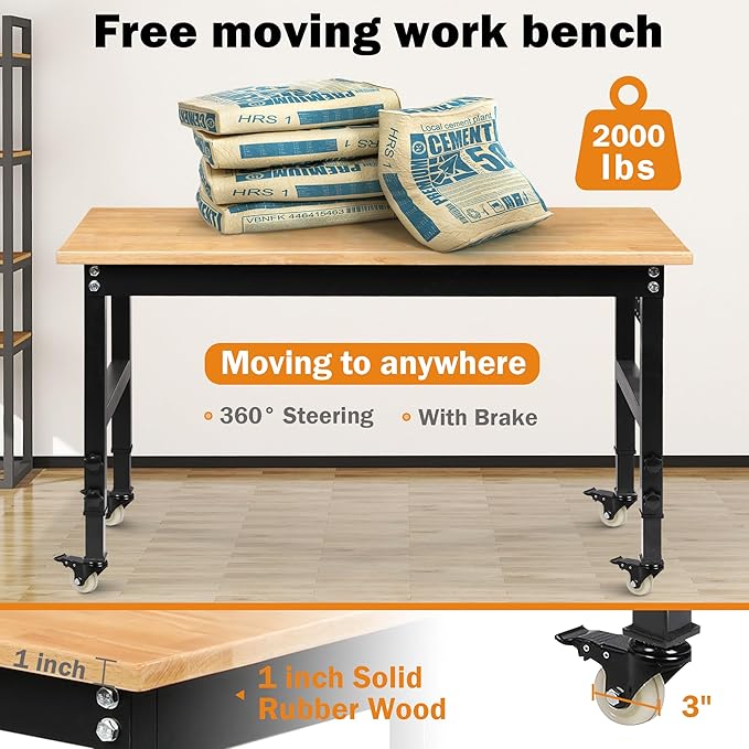 Betterhood 60" Adjustable Workbench on Wheels, Rubber Wood Heavy Duty Workstation with Power Outlets & Pegboard, 2000LBS Load Capacity Hardwood Worktable for Workshop, Garage, Office, Home, Commercial