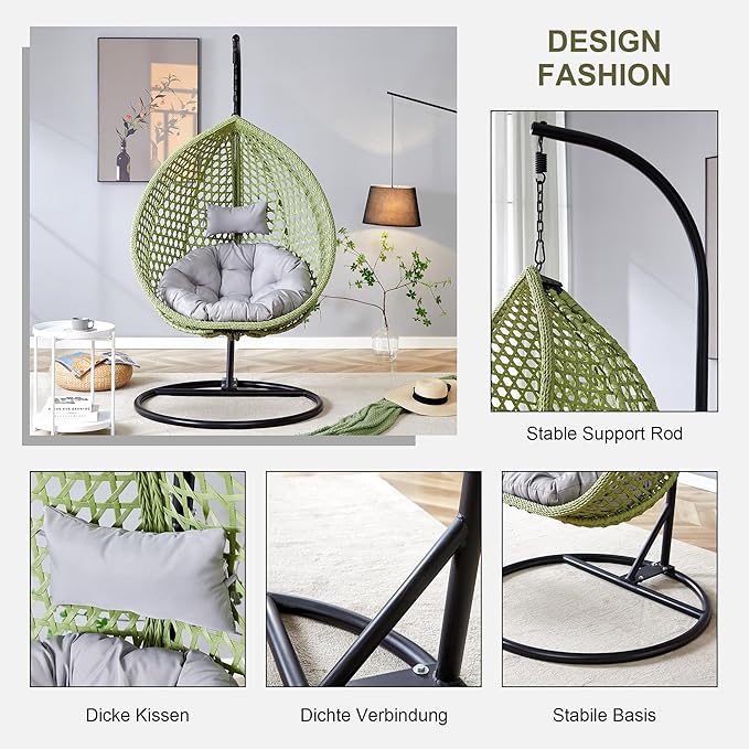 Hanging Egg Chair with Stand, Egg Swing Chair with Stand Indoor Outdoor,Green Wicker Swing Egg Chair for Adults, Hammock Chair with Comfortable Cushion and Stable Round Metal Base for Bedroom Patio