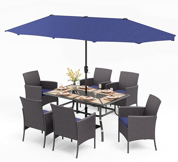 PHI VILLA 7 Piece Outdoor Dining Set with Umbrella, Rectangular Wood Top Metal Dining Table & Cushioned Wicker Chairs & 13ft Large Blue Umbrella for Patio, Deck, Yard