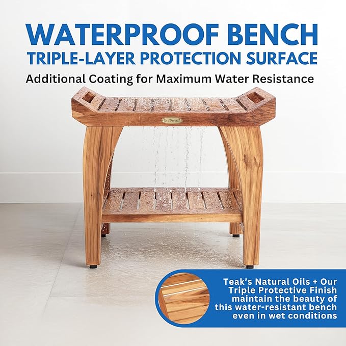 EcoDecors 24 Inch Tranquility Natural Color Waterproof Teak Wood Shower Bench Stool Seat Chair For Inside Shower Storage Shelf Provides Safety, Storage, and Organization For Bathroom Accessories
