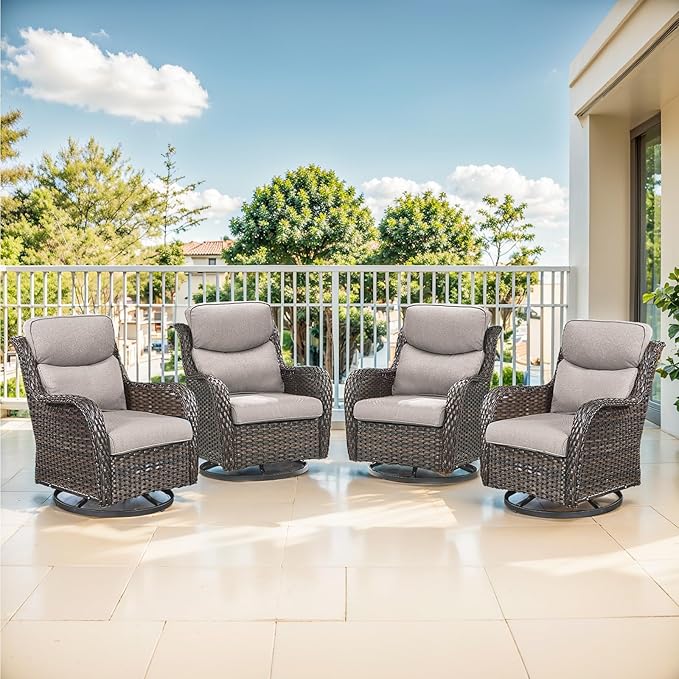 Outdoor Swivel Rocker Patio Chairs Set of 4-5" Thick Cushion 4 Piece Furniture Set All Weather Comfortable Wicker Conversation Set for Porch Poolside and Deck - Brown/Beige