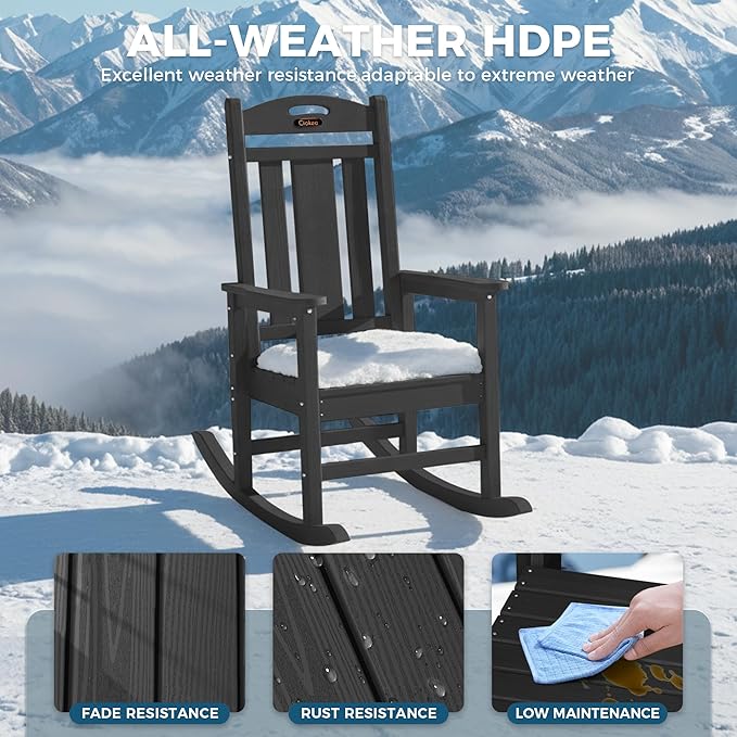 Ciokea Oversized Outdoor Rocking Chairs Set of 2, HDPE Porch Rocking Chairs for Outside, All-Weather Comfortable Patio Rockers for Front Deck Balcony, Black