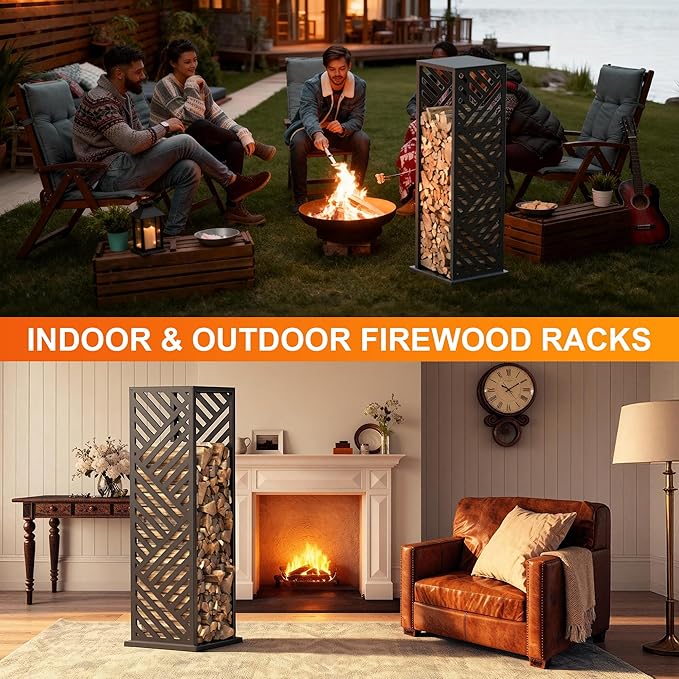 Firewood Rack, Wood Stacker Firewood Outdoor, Black Metal, 44.1 Inches, 1000 lbs Capacity, Indoor Decorative Wood Holder for Woodshed, Storeroom, Basement (Diagonalslot)