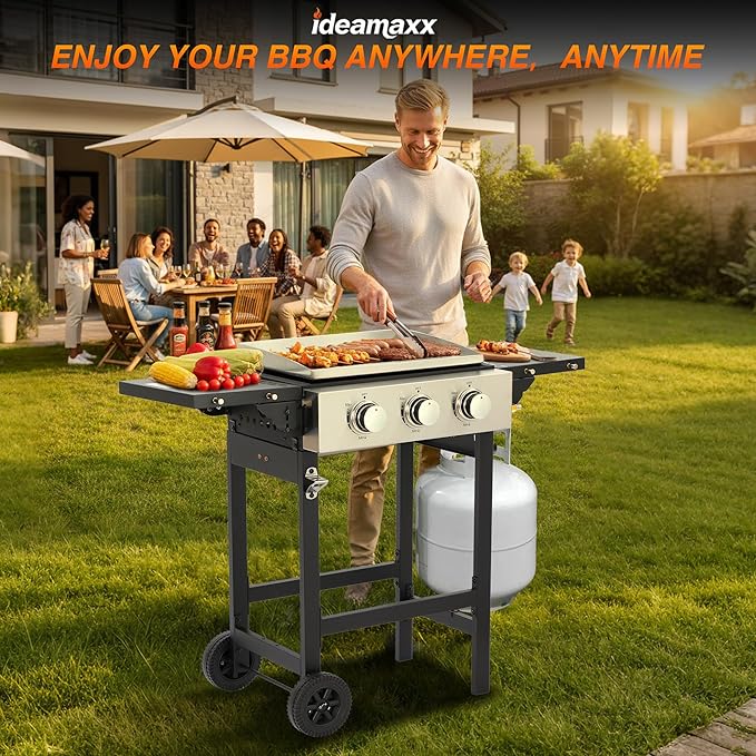 Portable 3-Burner Flat Top Grill with Folding Tabletop Design & Integrated Cart - 28650 BTU Propane Griddle for Outdoor Cooking, Camping, Tailgating