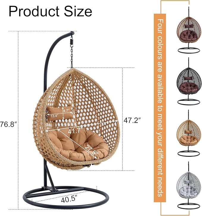 Egg Swing Chair Outdoor with Stand, Hanging Egg Rattan Basket Chair with Cushion and Pillow, Lounge Chairs, Foldable Basket and Metal Stand for Porch, Patio, Bedroom, Balcony,Yard (Khaki)