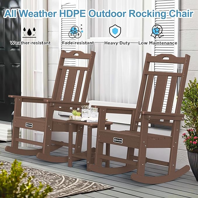 nalone Outdoor Rocking Chair, Oversized Porch Rocker Chair for Adult, All-Weather Resistant Patio Rocking Chair for Garden Lawn (Brown)