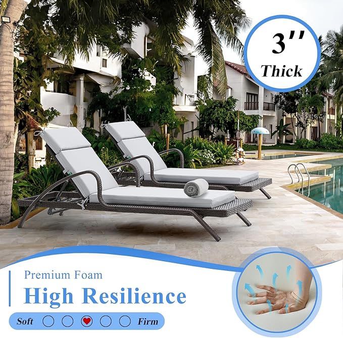 FILUXE Chaise Lounge Cushions Outdoor Furniture, High-Density Foam Chair Cushion with Ties, Weather & Fade Resistant - Patio Recliner Chairs Cushions for Lawn,Pool & Beach 72x21x3 Inch, Grey