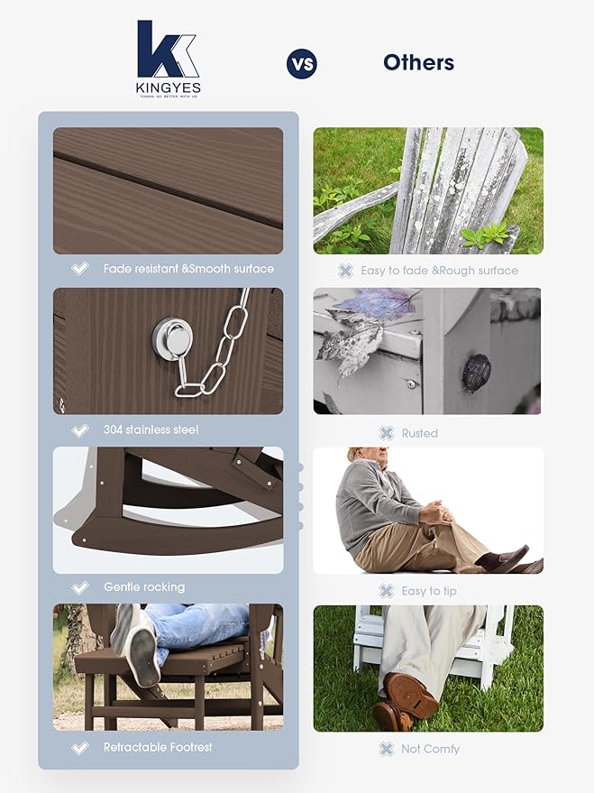 KINGYES Adirondack Rocking Chair with Retractable Ottoman and Cup Holders, HDPE Adirondack Rocker Patio Rocking Chair for Porch, Patio, Balcony, Coffee Brown